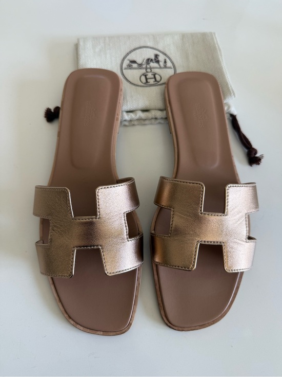 Hermes Shoes - Authentic Hermes Metallic Rose Gold Oran Leather Slide Sandals Size 41